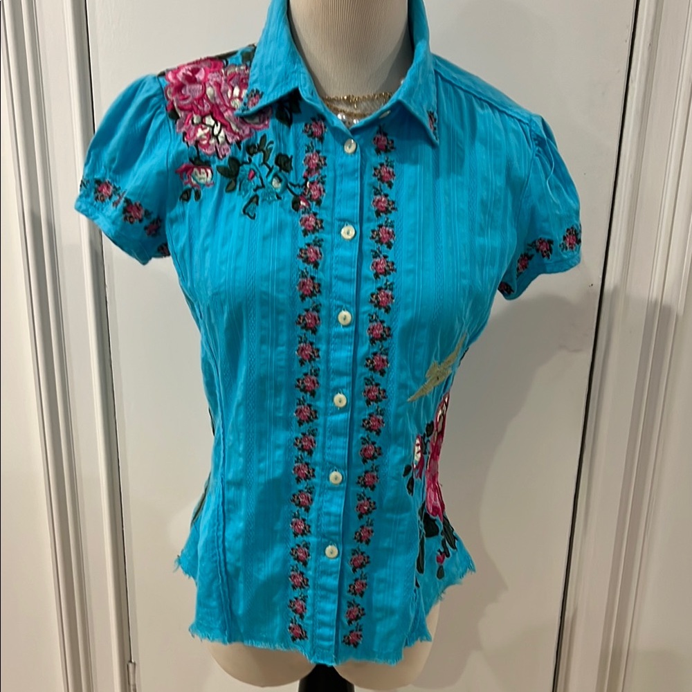 WORKSHOP Embroidered Turquoise Floral Women's Blouse S